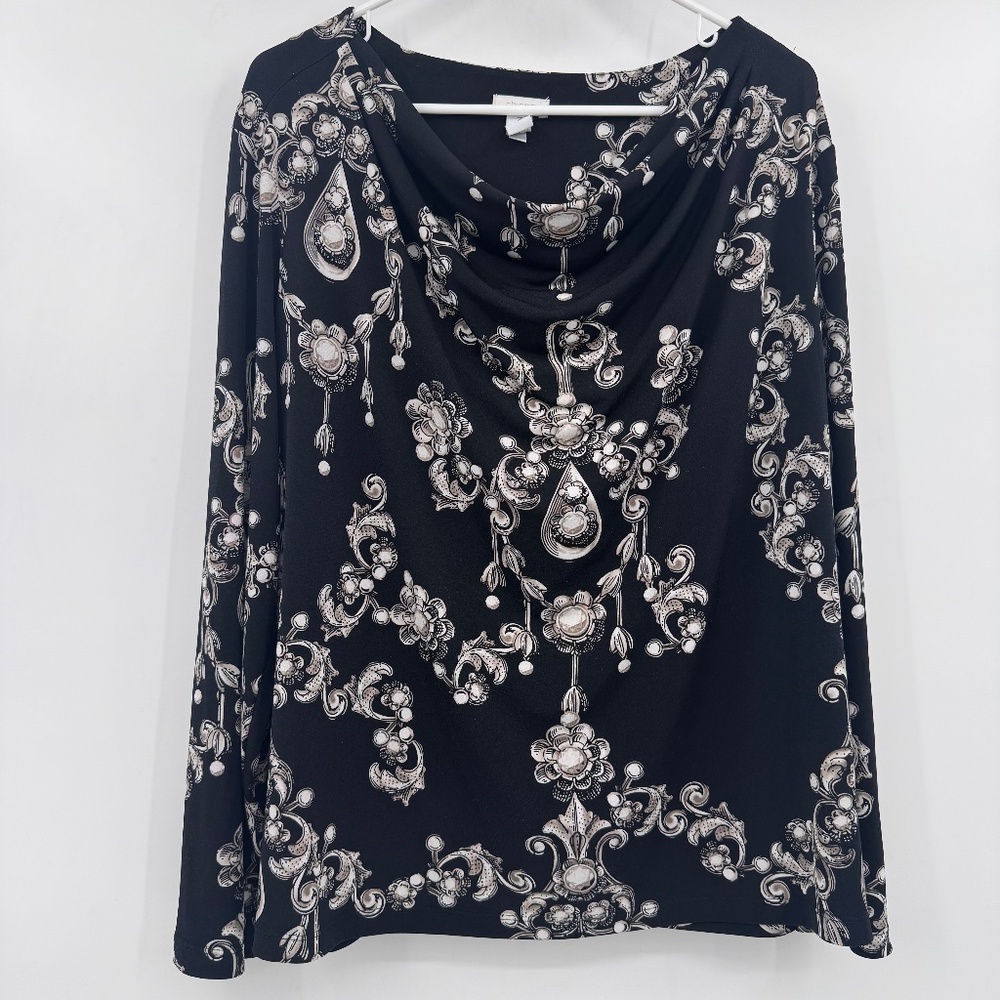 Chicos Top Women XL Black Long Sleeve Stretch Scoop Cowl Neck Office Pattern